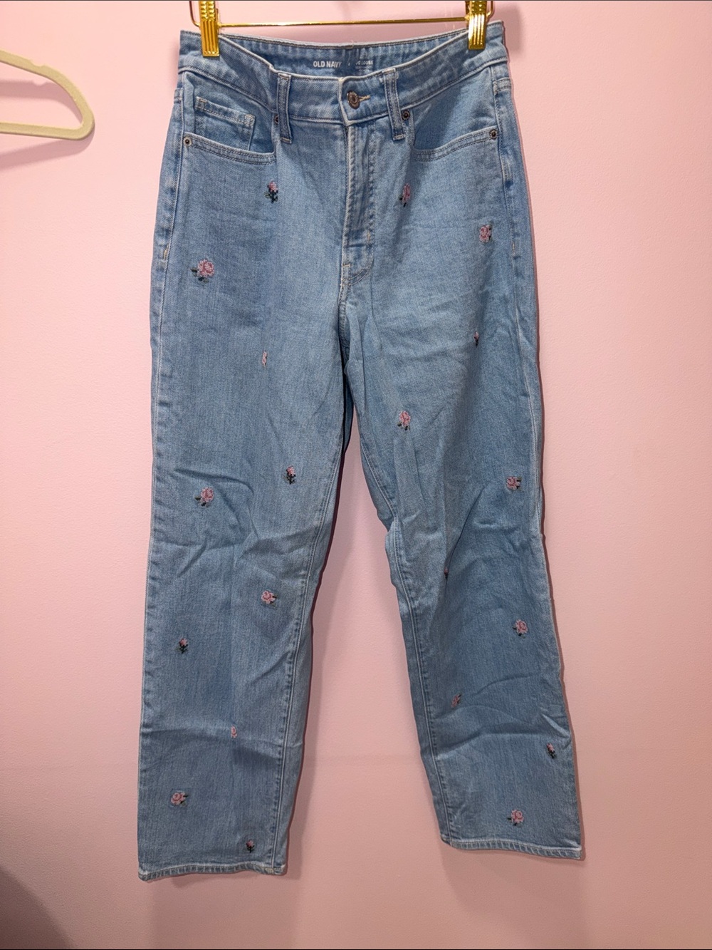 Old Navy Light Blue Straight-Leg Jeans with Pink Floral Embroidery